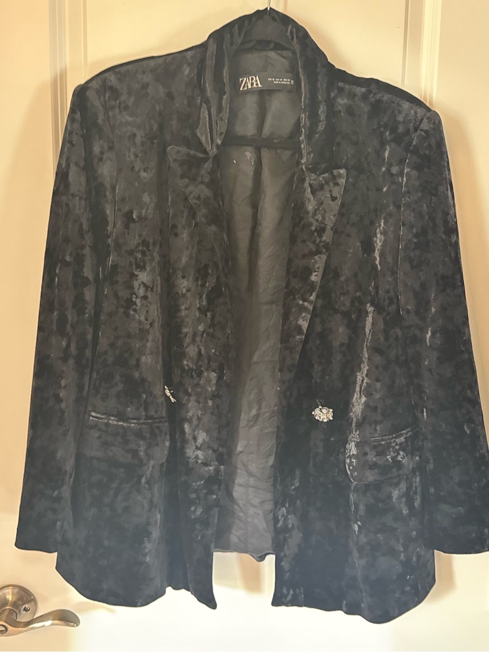 ZARA Black Crushed Velvet Blazer with Decorative Buttons